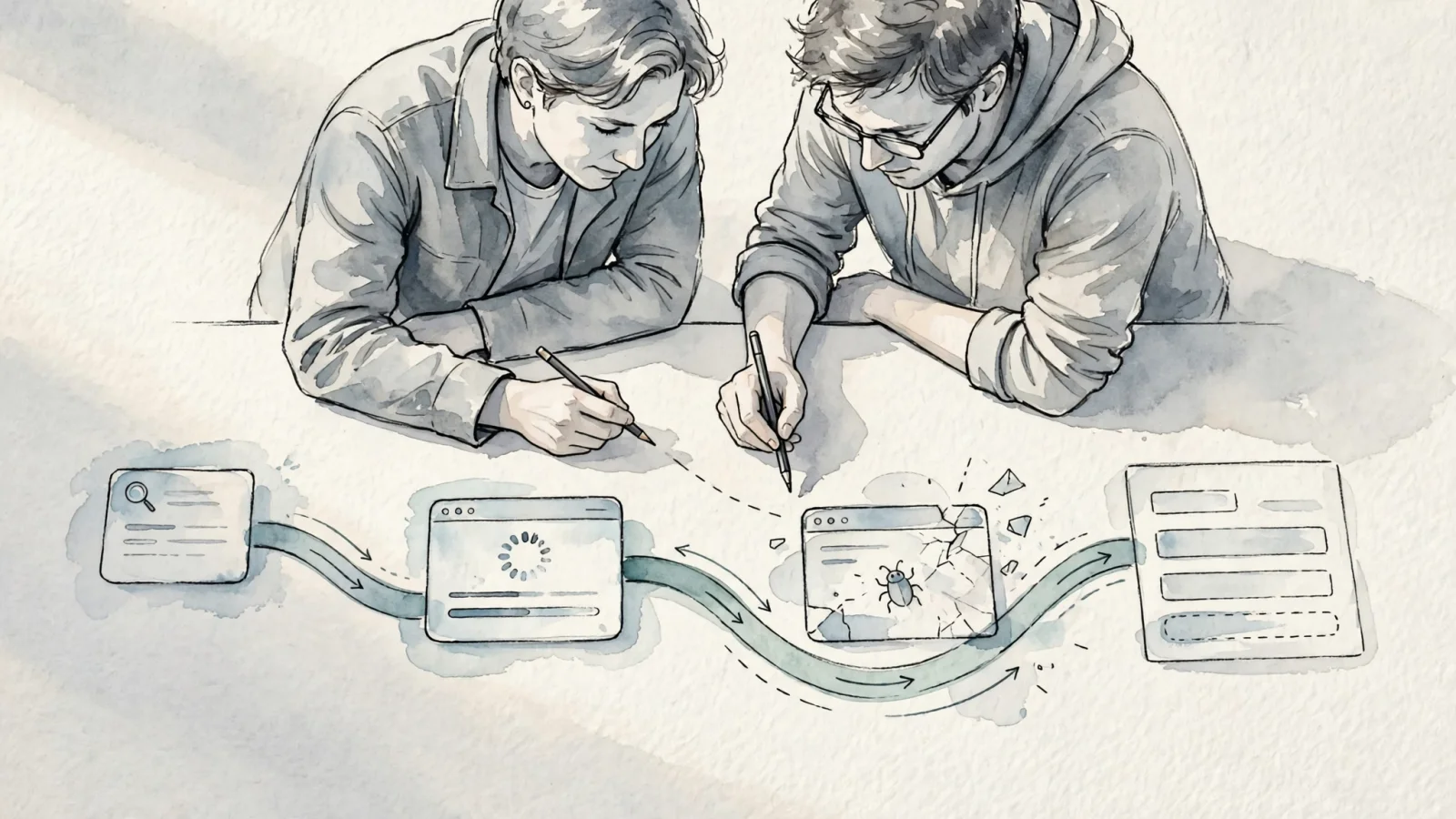 A wide editorial scene of a marketer and developer tracing a visitor journey from a search result to a slow landing page, a JavaScript error, and an abandoned signup, with no readable text.
