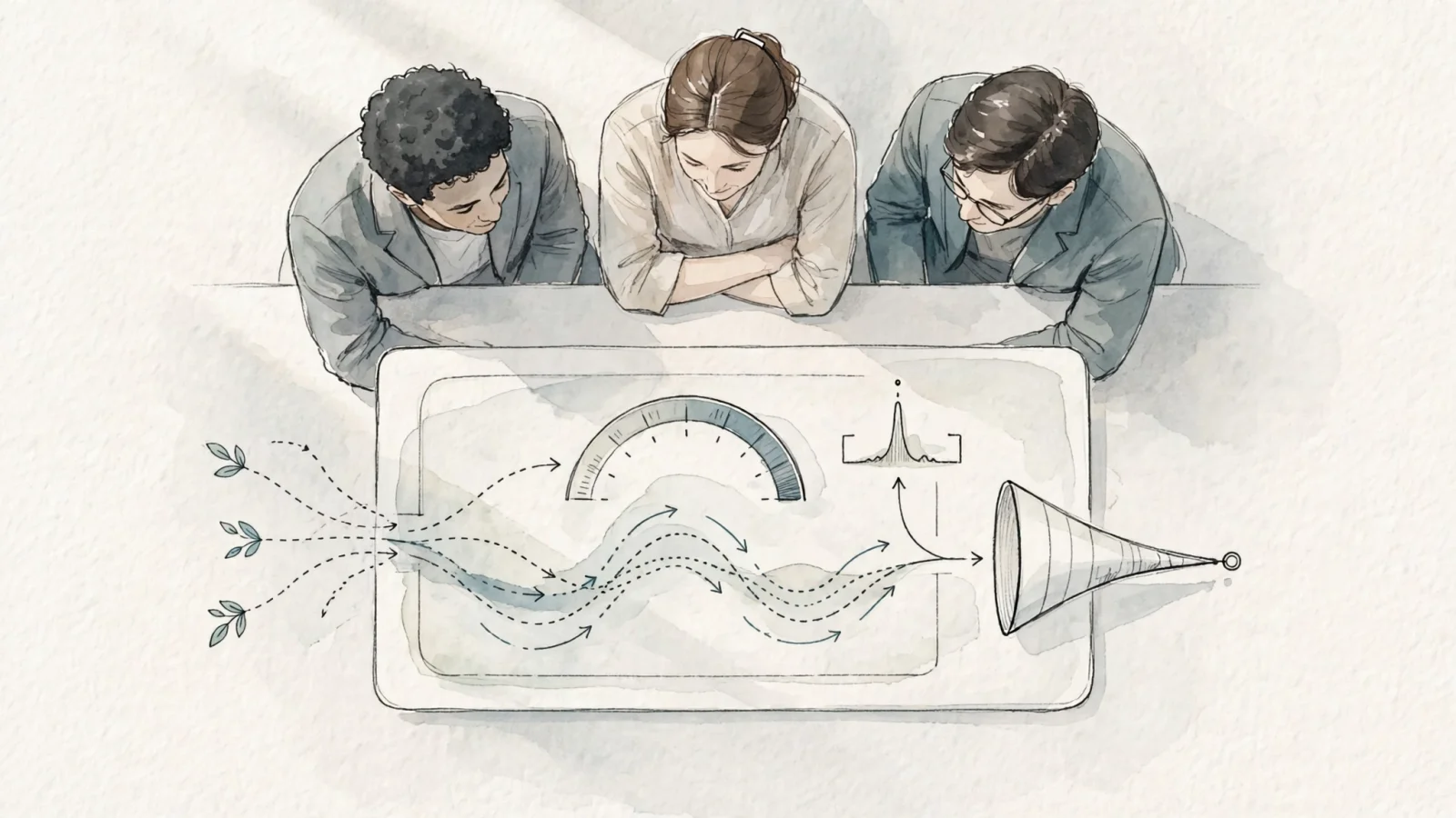 A wide editorial illustration of a privacy-conscious team reviewing one calm dashboard where traffic, page speed, error spikes, funnel drop-off, and search referrals connect into a single visitor story, with no readable text.