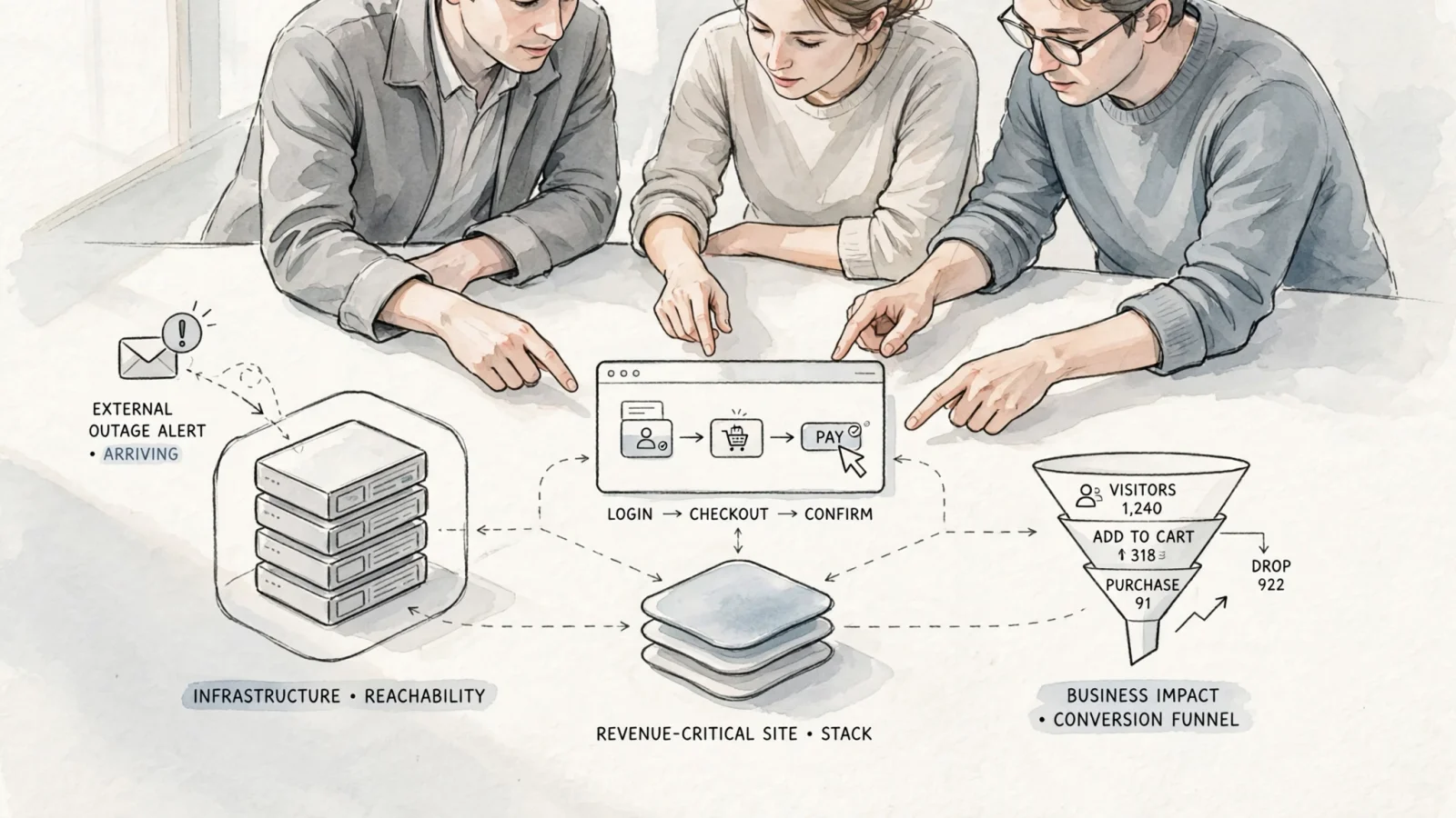 A wide editorial scene showing a small team combining an external outage alert, a synthetic browser check, and a conversion dashboard to choose a monitoring stack for a revenue-critical site, with no readable text.