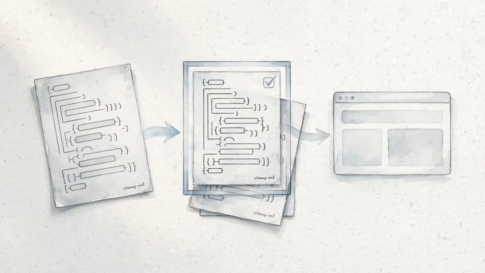 At the three-layer explanation, show an XML document passing through a structure check and a live browser fetch, with no readable text.
