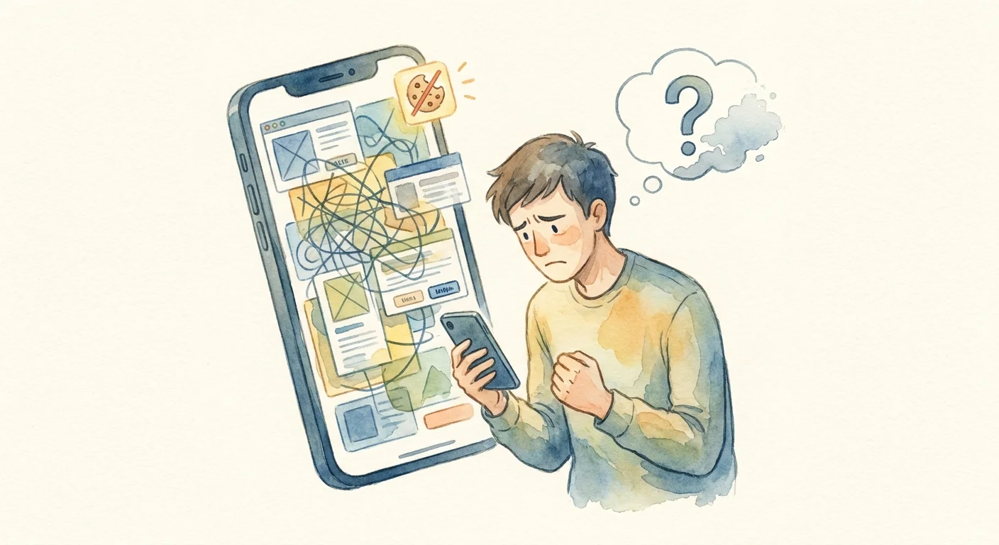 A frustrated user looking at a smartphone screen filled with a complex and unreadable cookie consent banner.