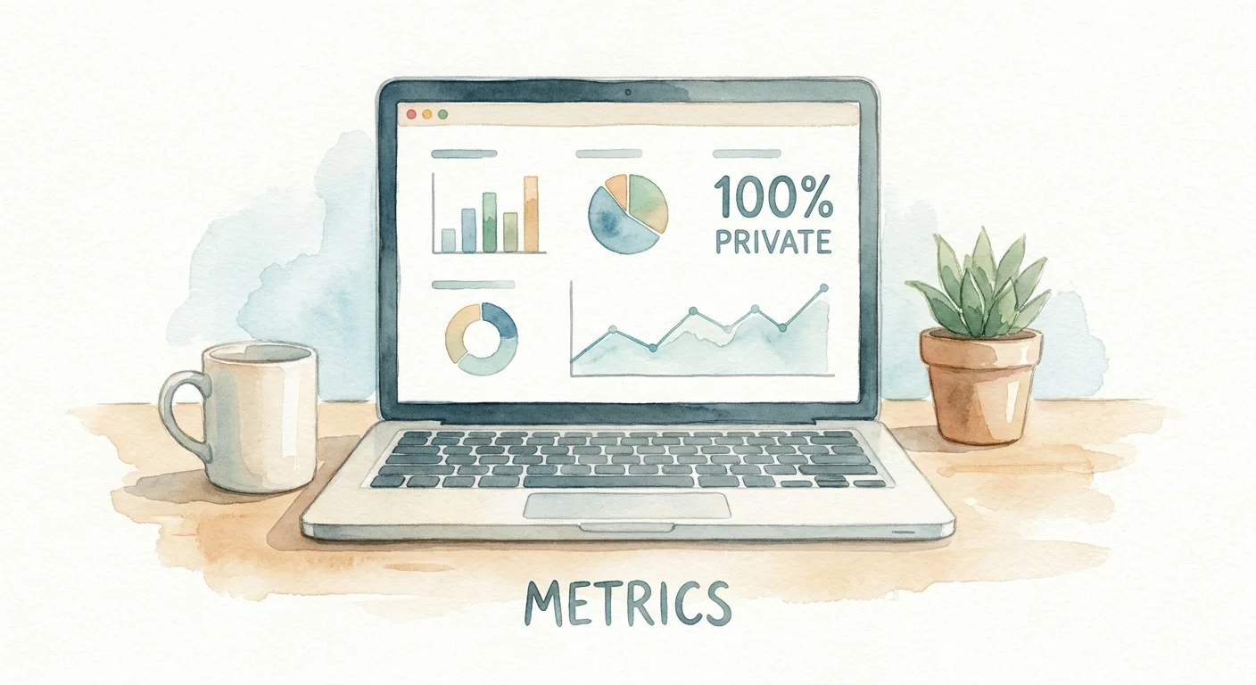 A clean modern analytics dashboard displayed on a laptop emphasizing clear metrics without intrusive tracking warnings.