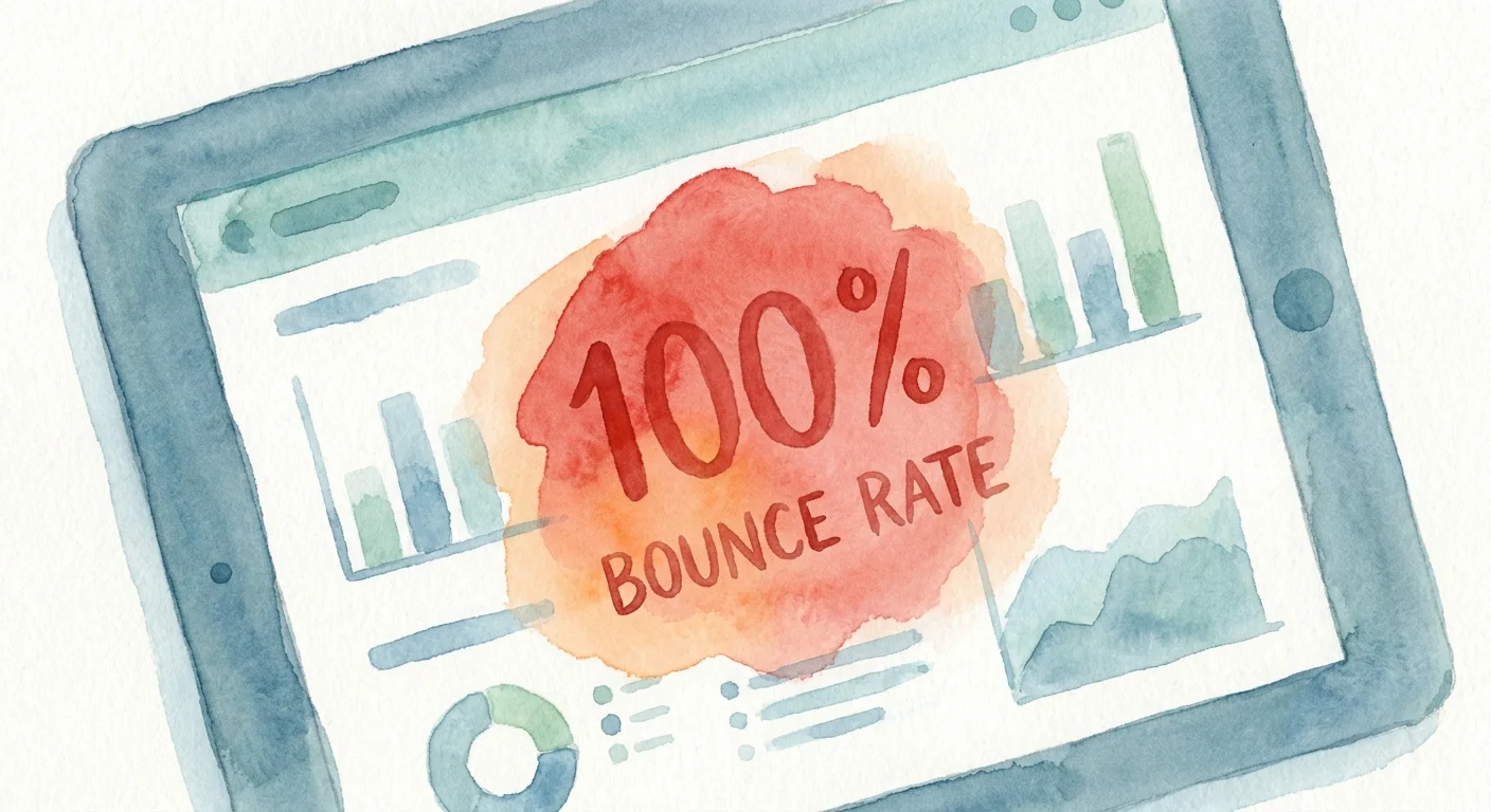 A close-up of a digital analytics dashboard with a glaring red 100 percent bounce rate metric highlighted on screen.