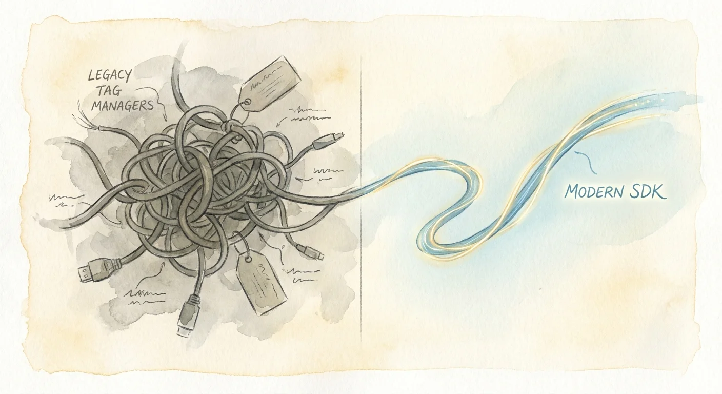 A side-by-side conceptual visualization showing a heavy, tangled ball of wires representing legacy tag managers next to a single glowing, streamlined thread representing a modern SDK.