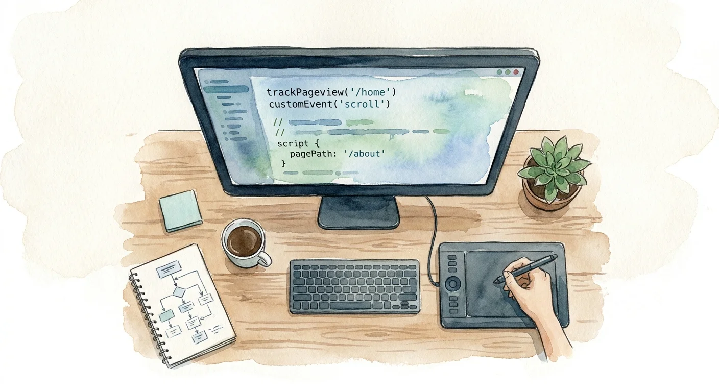 A top-down view of a developer's desk featuring code on a dark-mode monitor, symbolizing the programmatic implementation of custom event tracking.