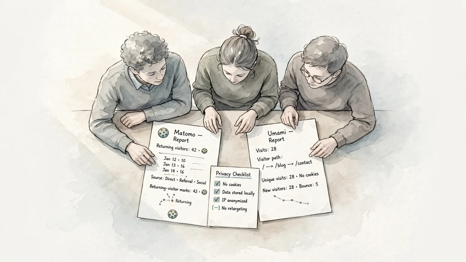 A small website team weighs two generic analytics reports beside a privacy checklist, making the trade-offs more visible than a single winner.