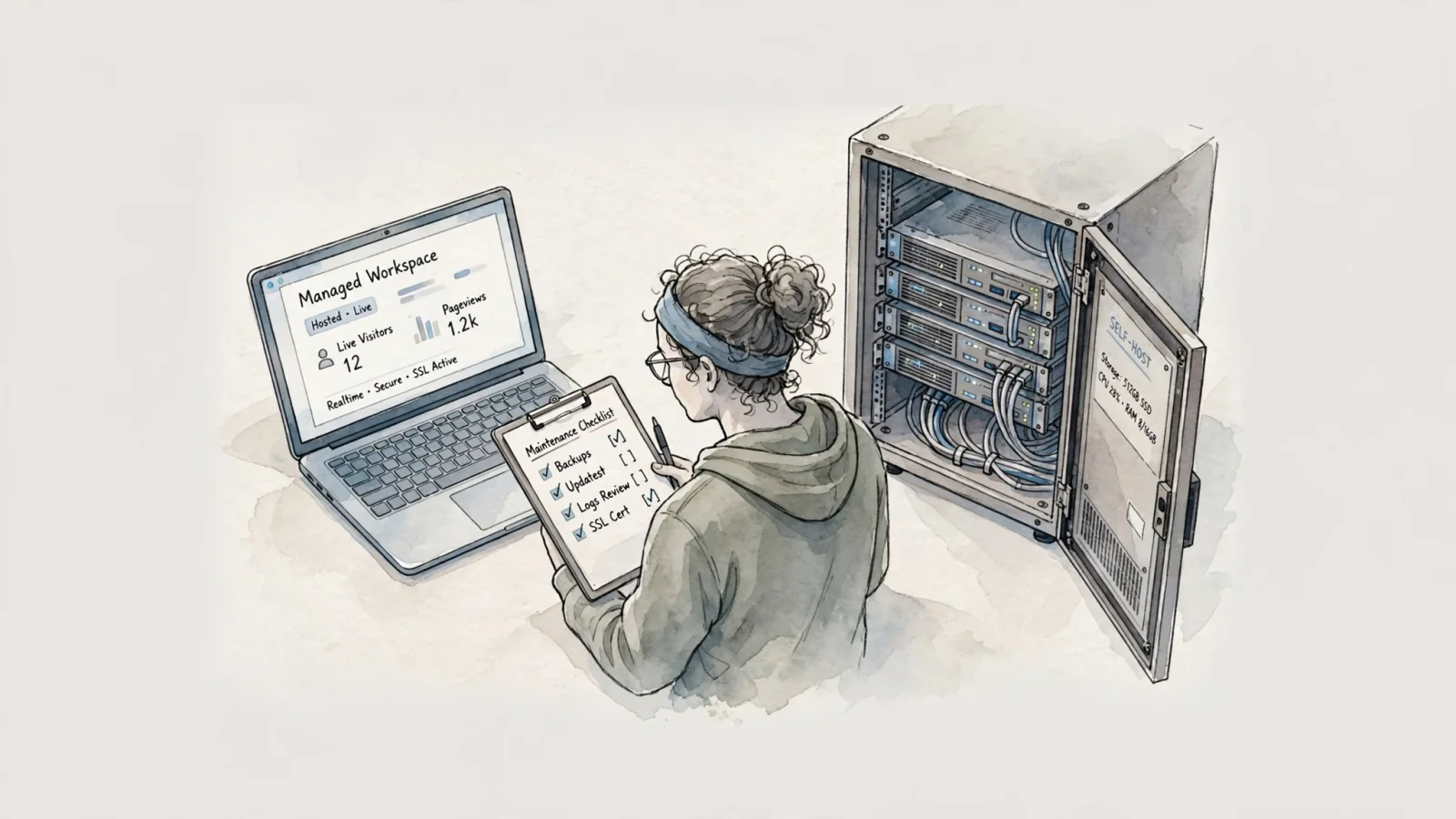 An analytics engineer chooses between a managed cloud workspace and a self-maintained server cabinet, illustrating the operational difference between hosted and self-hosted analytics.