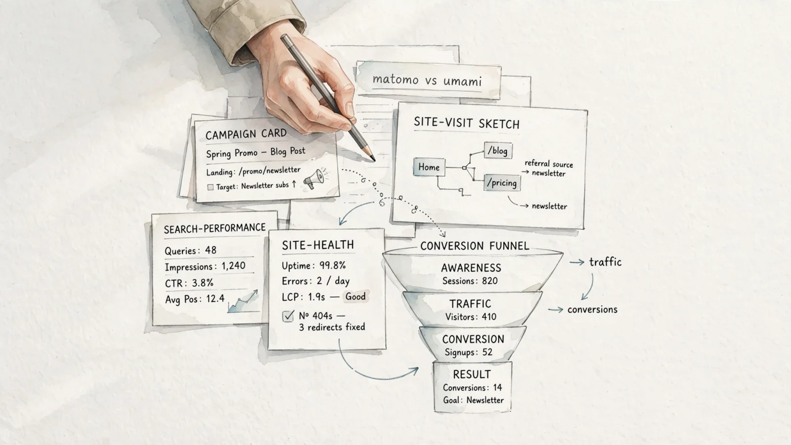 A growth marketer traces a campaign from a site visit to a funnel while consulting search-performance and site-health reports, conveying the appeal of an integrated analytics-and-webmaster workflow.