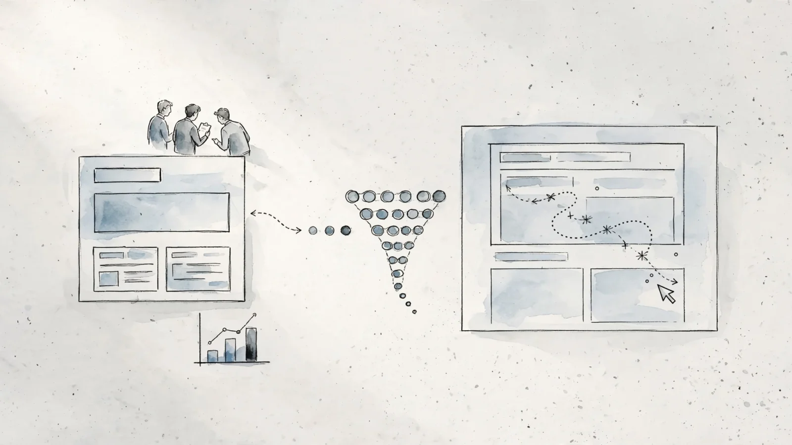 A marketing team traces a visitor journey from a campaign landing page through conversion events to a session replay, distinguishing traffic counts, funnels, and behavioral recordings with abstract interfaces and no readable text or logos.