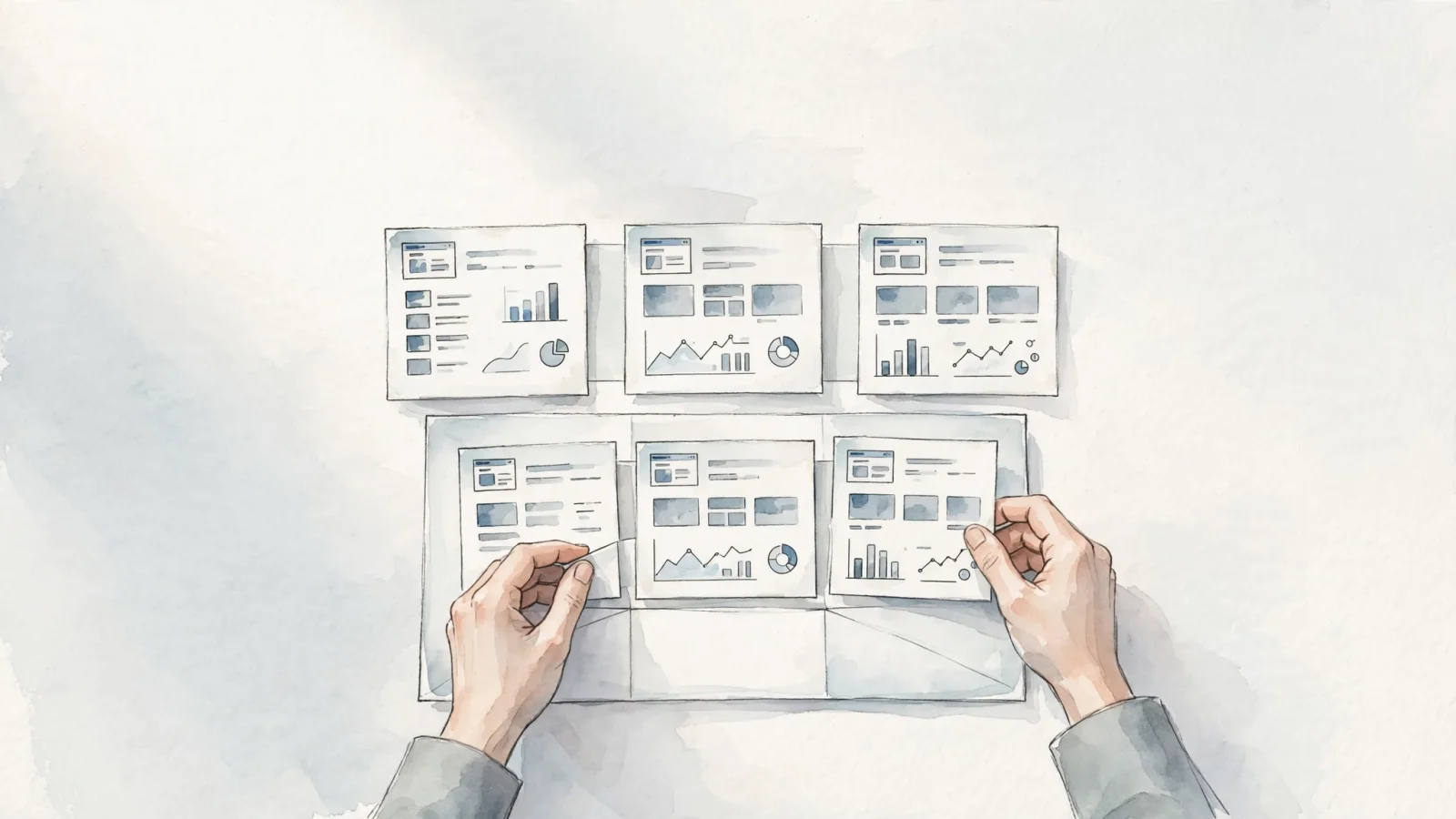 An agency analyst reviews clearly separated client workspaces across several websites before sharing a report, illustrating why site limits and tenant separation matter without brand marks or legible text.