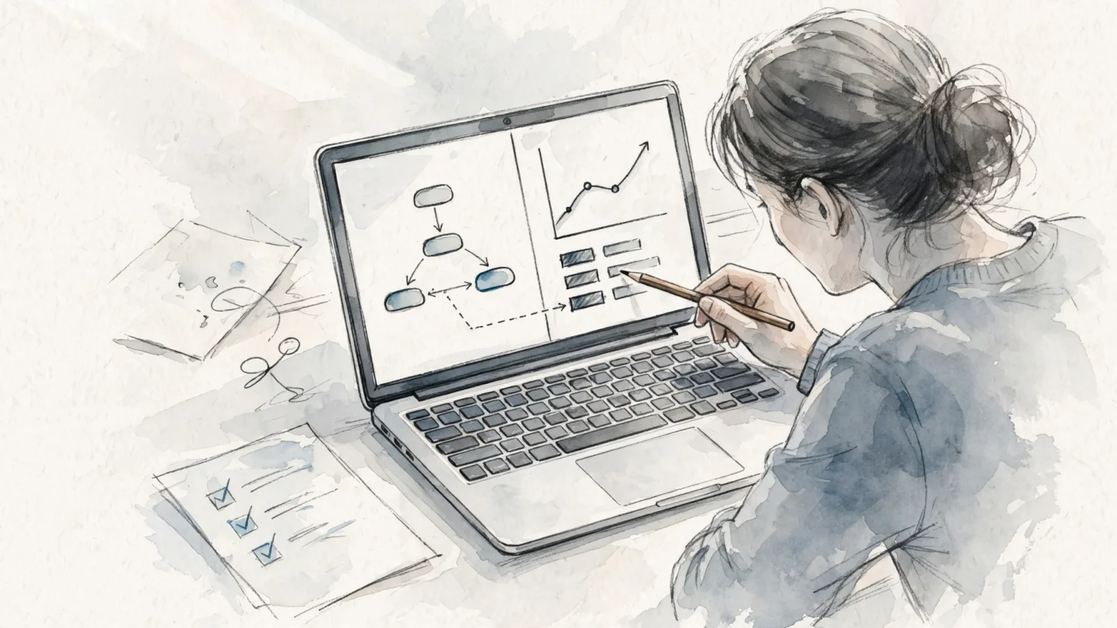 A blogger reviewing referral sources beside an organic-search report, making everyday traffic and SEO questions concrete without readable screen text.