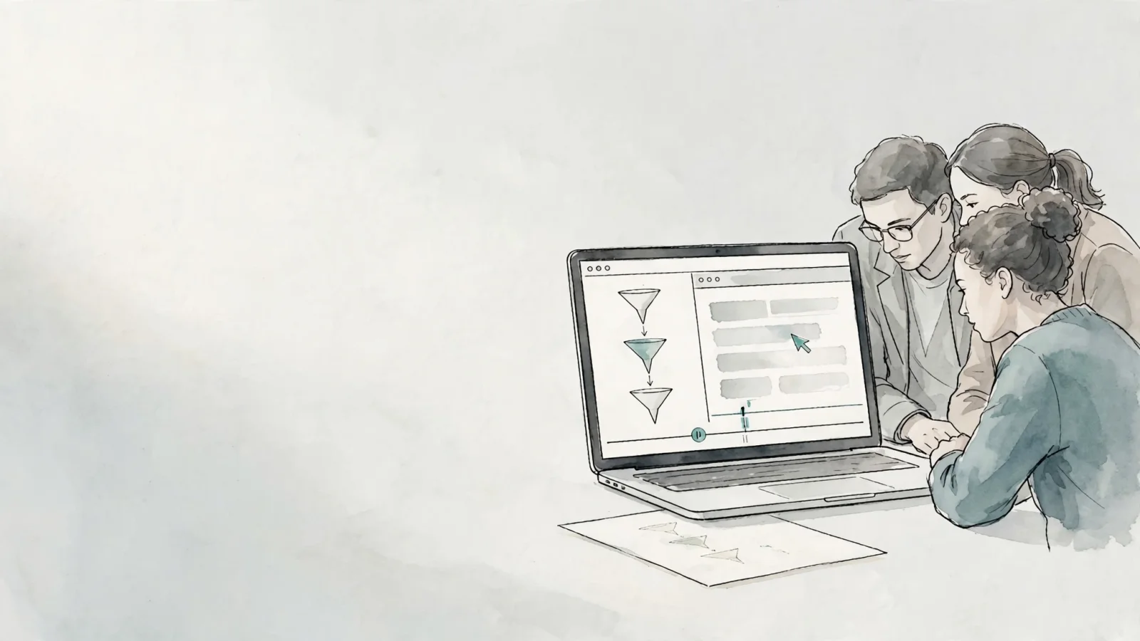 A small product team tracing a checkout journey and inspecting a privacy-masked replay, showing how a funnel finding can lead to behavioral investigation.