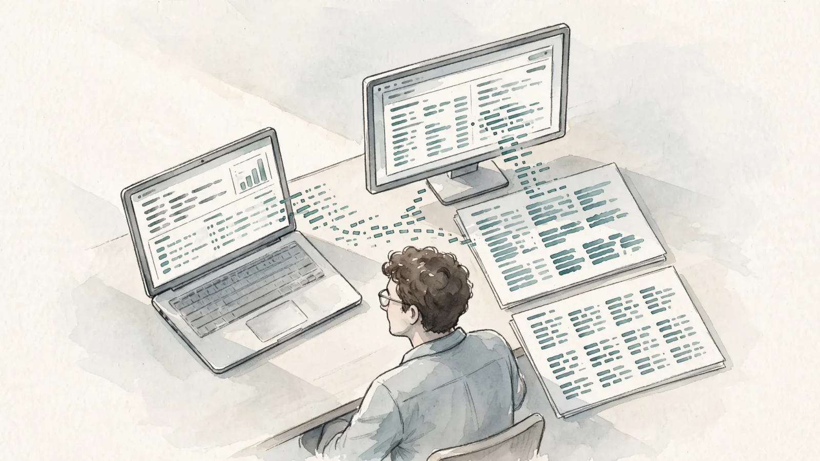 An analyst moving between a web analytics dashboard and a warehouse query, illustrating the choice between in-product reporting and downstream event data.