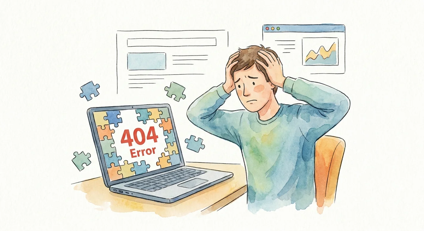 A frustrated person holding their hands to their head while looking at a laptop screen displaying a broken puzzle graphic.