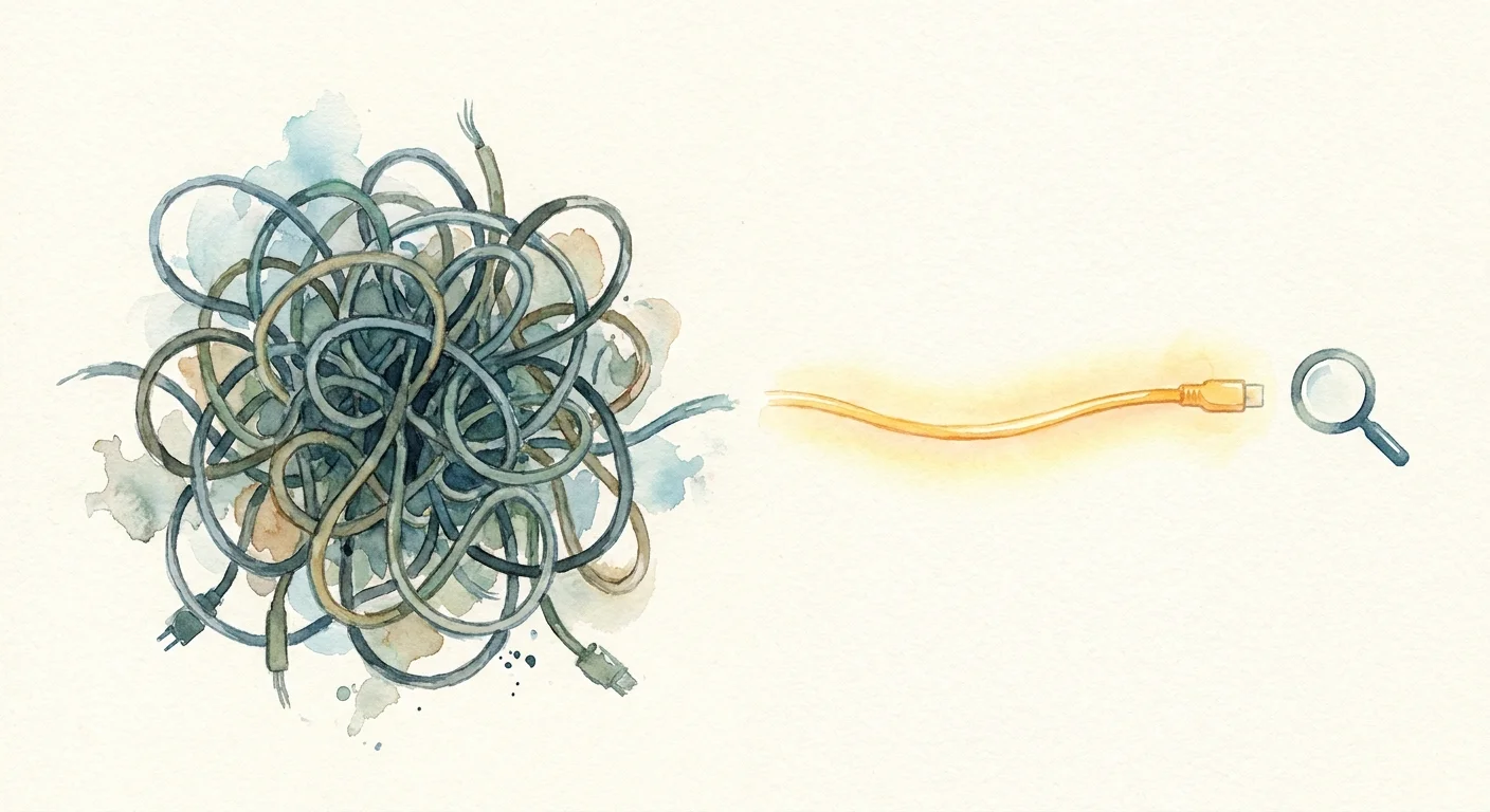 A side-by-side visual metaphor showing a complex, tangled web of wires on the left and a single, clean glowing cable on the right.