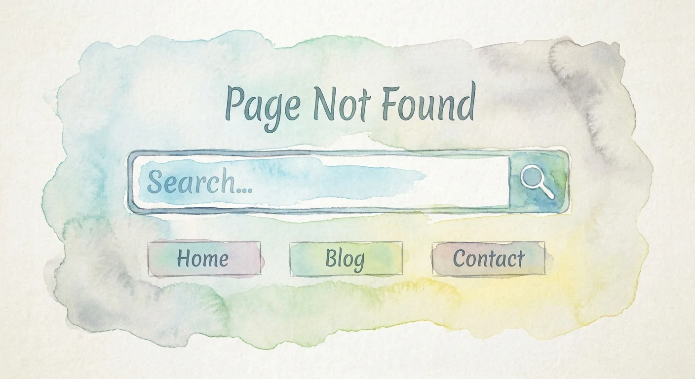 A clean, beautifully designed 404 page wireframe featuring a large search bar and clearly labeled navigation links.