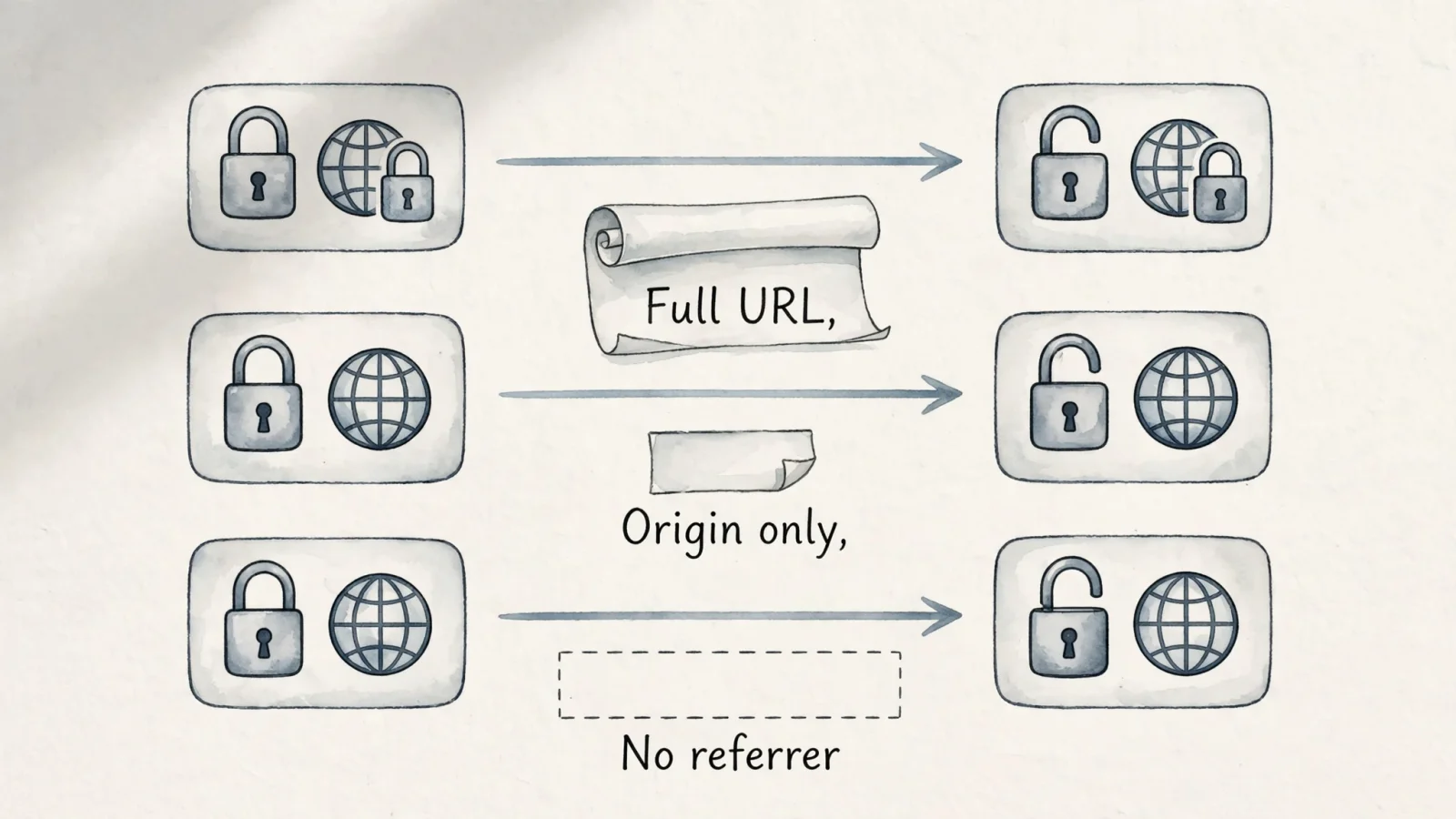 A three-lane browser-flow diagram contrasting same-origin navigation, HTTPS-to-HTTPS cross-origin navigation, and HTTPS-to-HTTP; label the outcomes "Full URL," "Origin only," and "No referrer" respectively, with no other legible text.