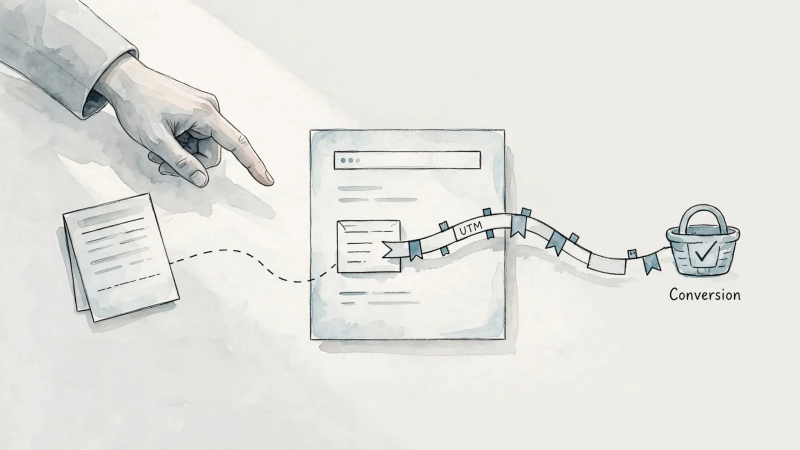 A campaign analyst traces a tagged newsletter link to a landing page and then an on-site conversion, with referrer and UTM data shown as separate paths; label only "Referrer," "UTM," and "Conversion," with no other readable interface text.