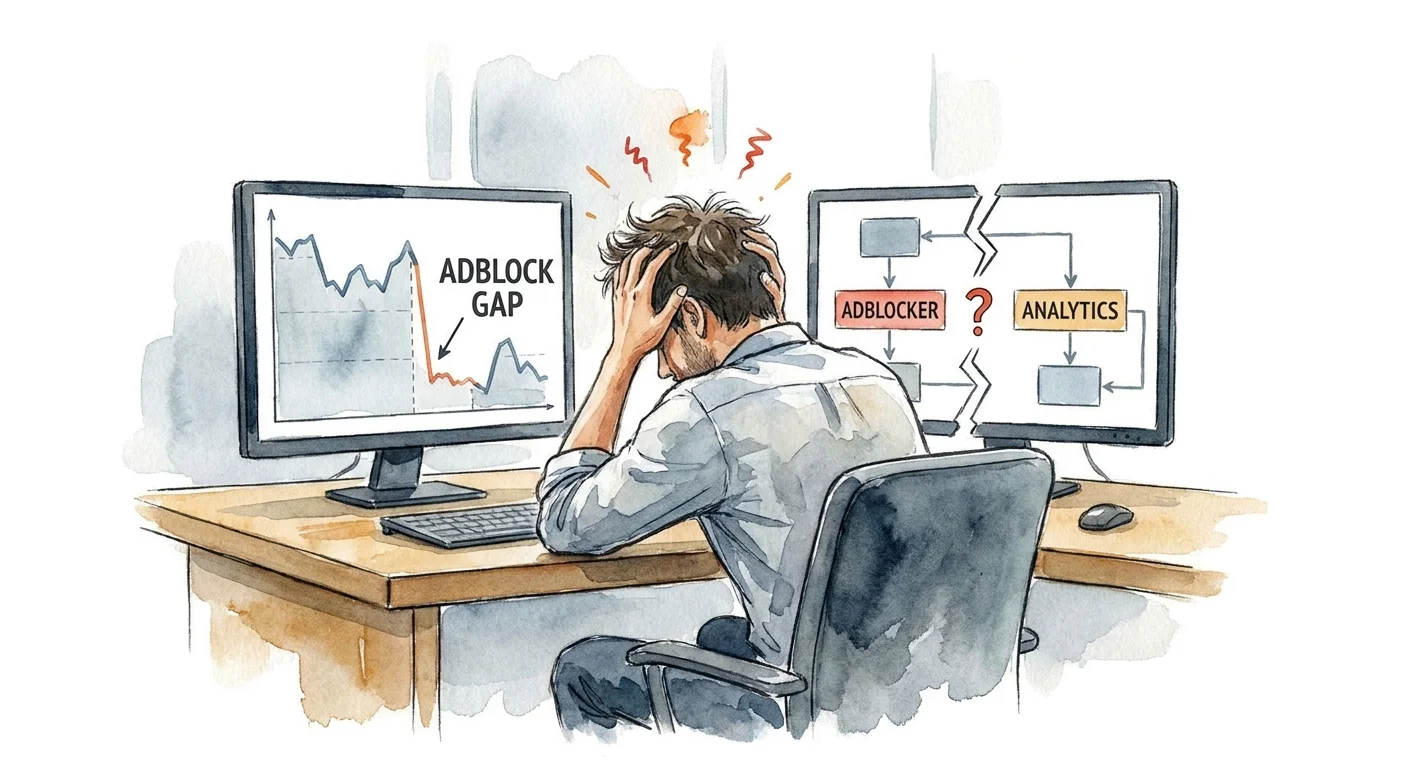 A frustrated marketer looking at a dual-monitor dashboard showing a noticeable gap in a line chart, symbolizing lost analytics traffic.