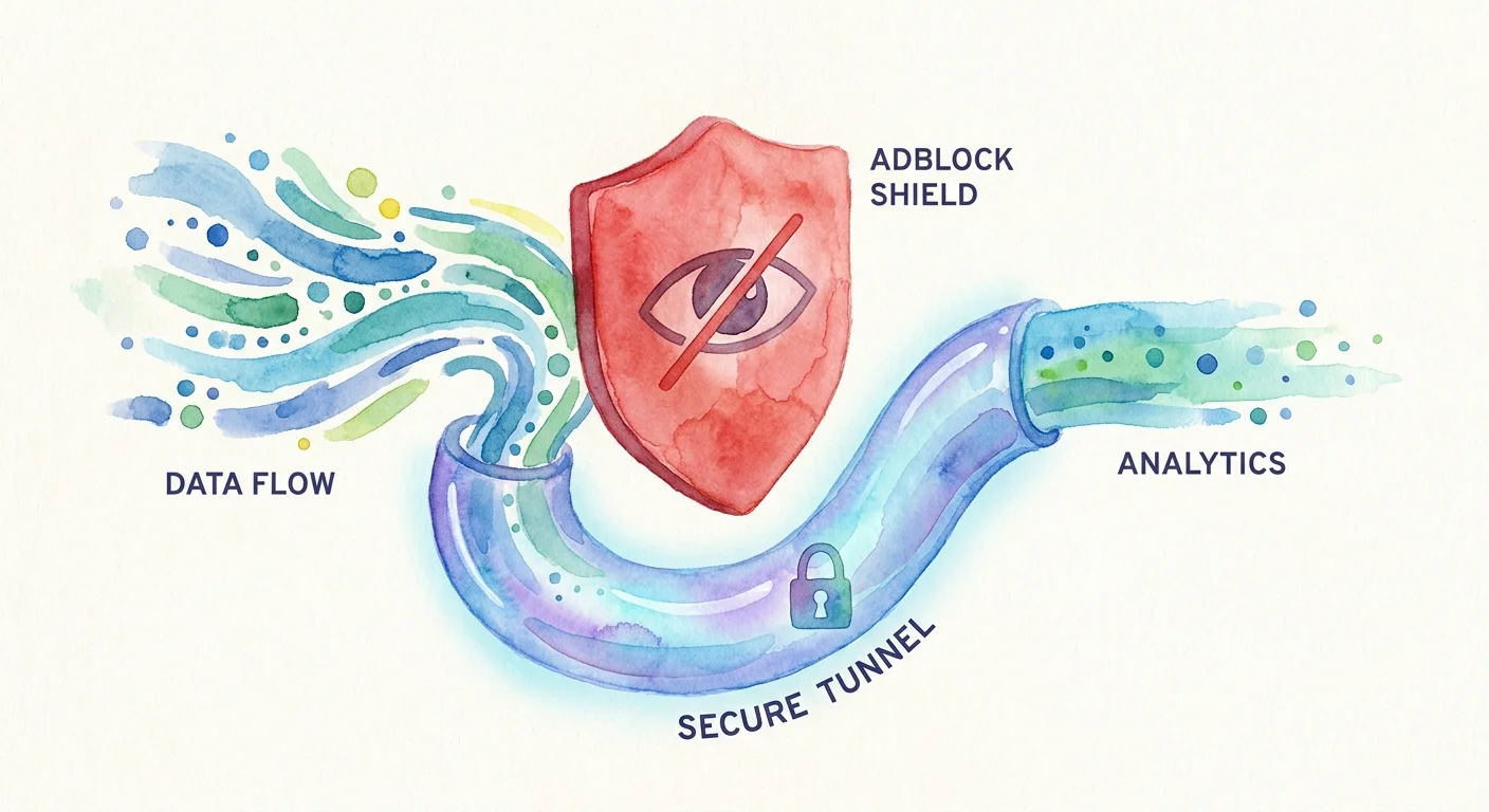 A conceptual diagram showing data flowing safely through a secure server tunnel, bypassing a red browser shield.