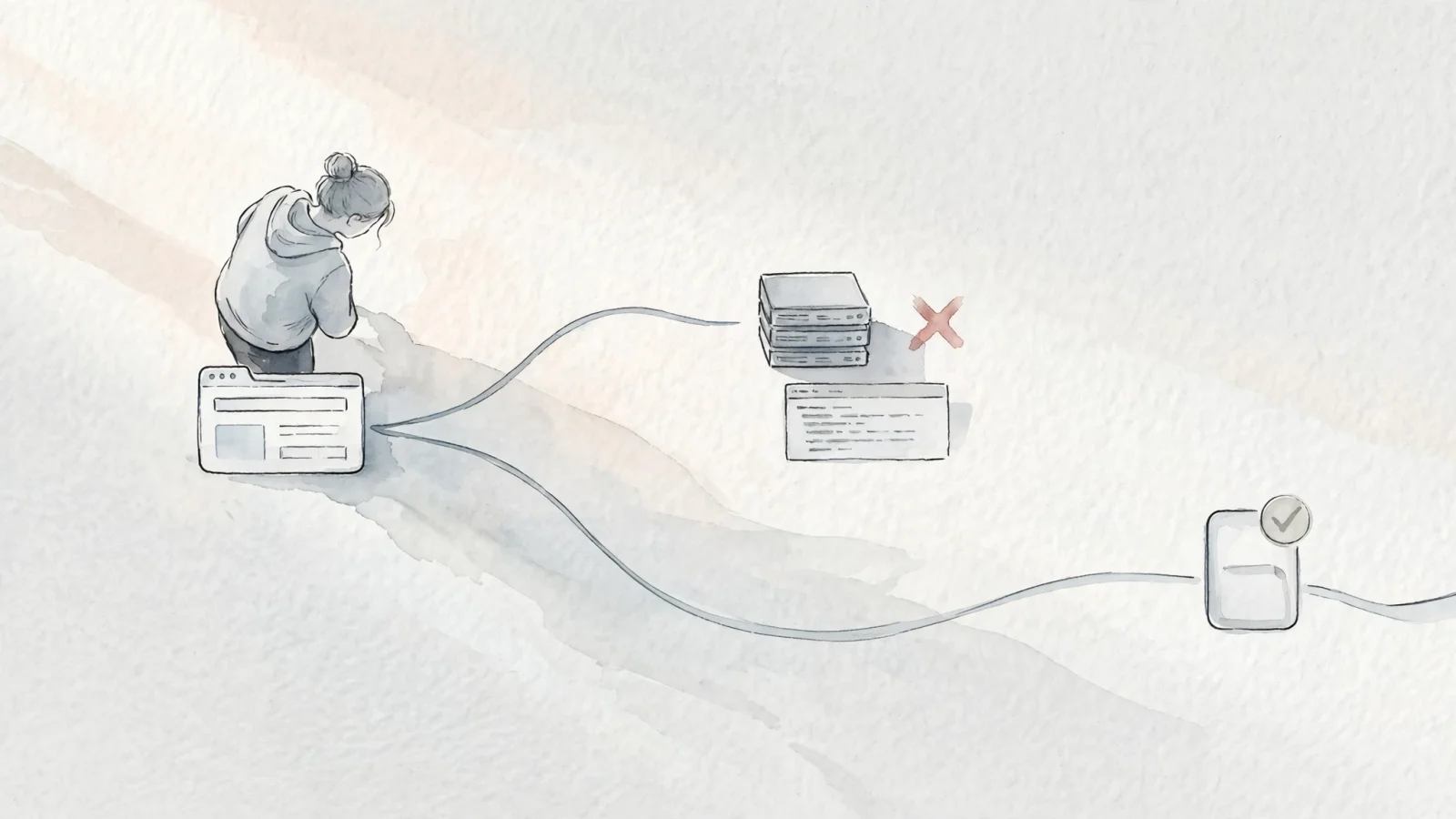 A wide editorial scene shows a website owner tracing a failed request from a browser toward an application server and log panel, with one route failing while a neighboring page remains healthy; no readable text.