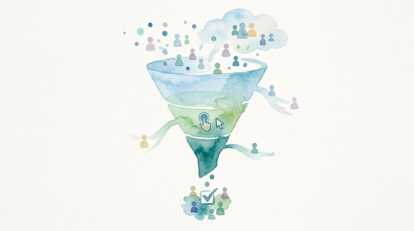 A clean funnel illustration showing a visitor moving from a pricing page to a CTA click to a submitted demo request, with some paths dropping off and only non-identifying metadata represented; no text.