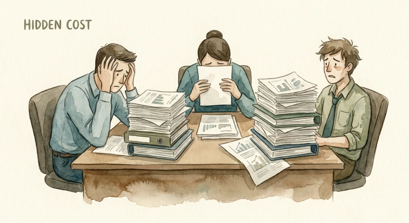 A stressed agency team surrounded by stacks of paper reports, symbolizing the hidden cost of manual data entry.