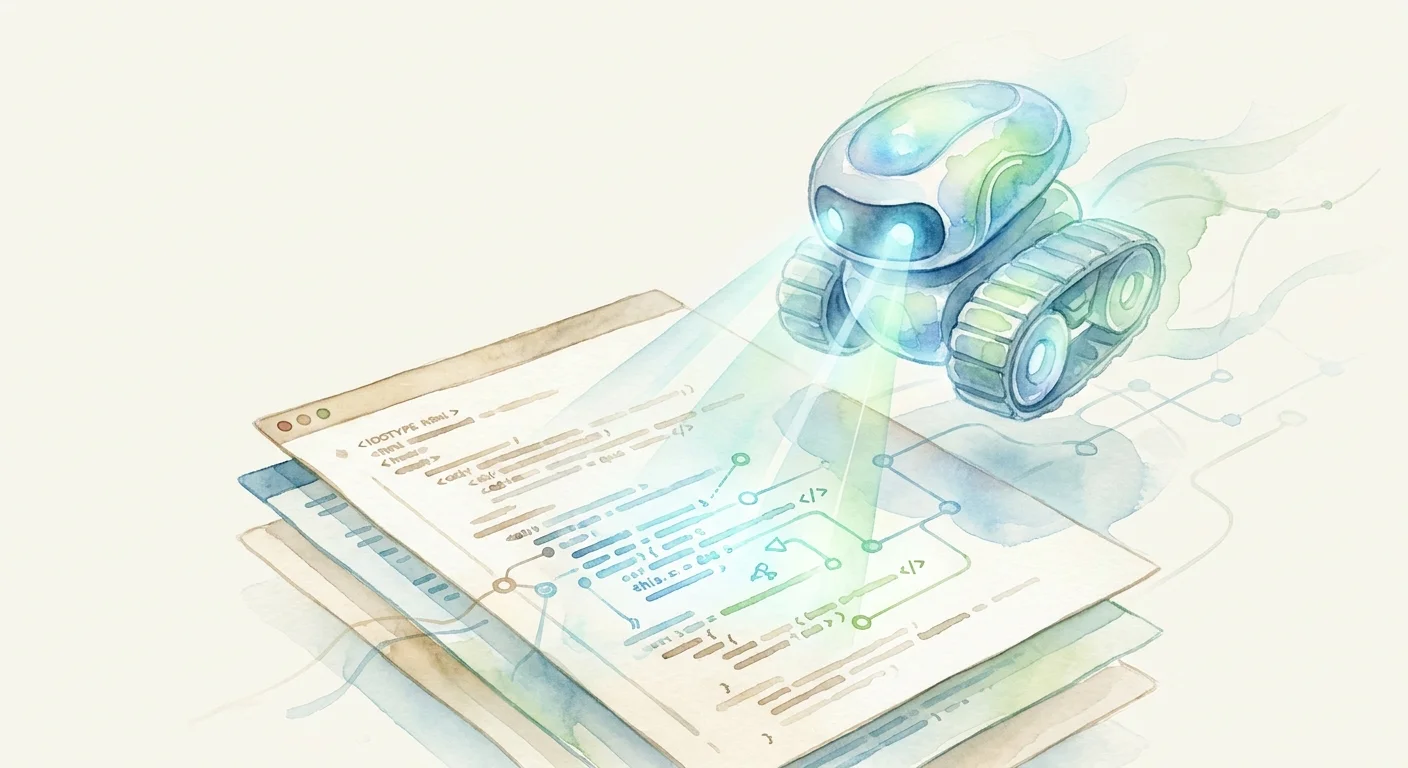 A futuristic search crawler bot scanning a website's code, representing the new era of AI search discoverability.