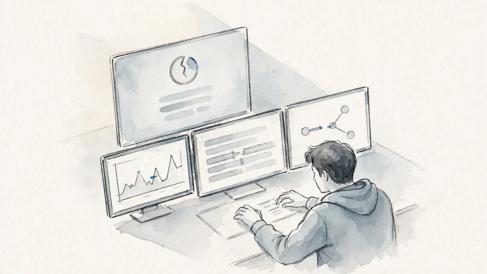 A developer compares a generic error page with application, database, and CDN logs on separate screens, making the symptom-versus-cause distinction immediately visible; request no text.