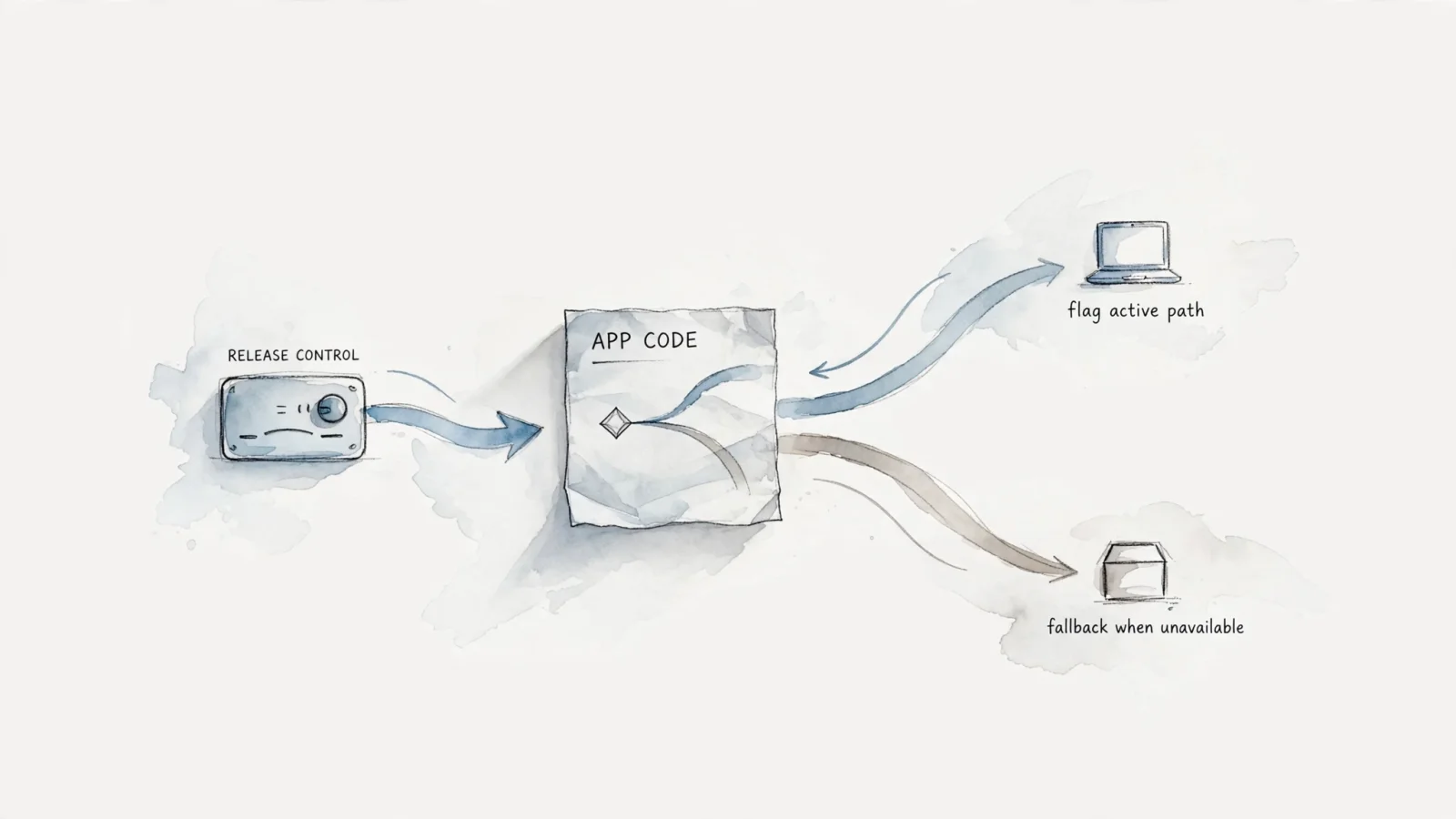 A developer traces a flag from a release-control panel through application code to a safe fallback, illustrating why the GitLab setting alone does not wire up the app.