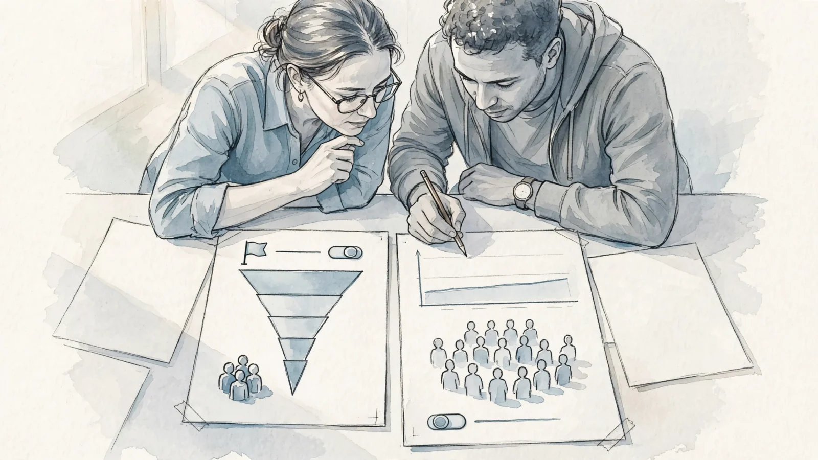A marketer and engineer review a conversion path alongside an error trend after a feature rollout, connecting exposure to business and technical outcomes.
