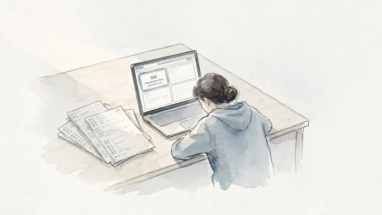A site operator at a desk sees one blog page marked as failed while the homepage and other pages remain healthy, with server logs beside the browser view; use no text.