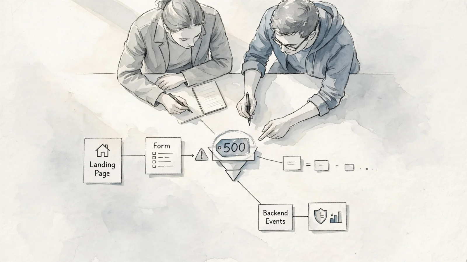 A marketer and engineer review a campaign funnel with a sudden drop beside a server-error trend, connecting a broken landing page or form to lost conversions; use no text.
