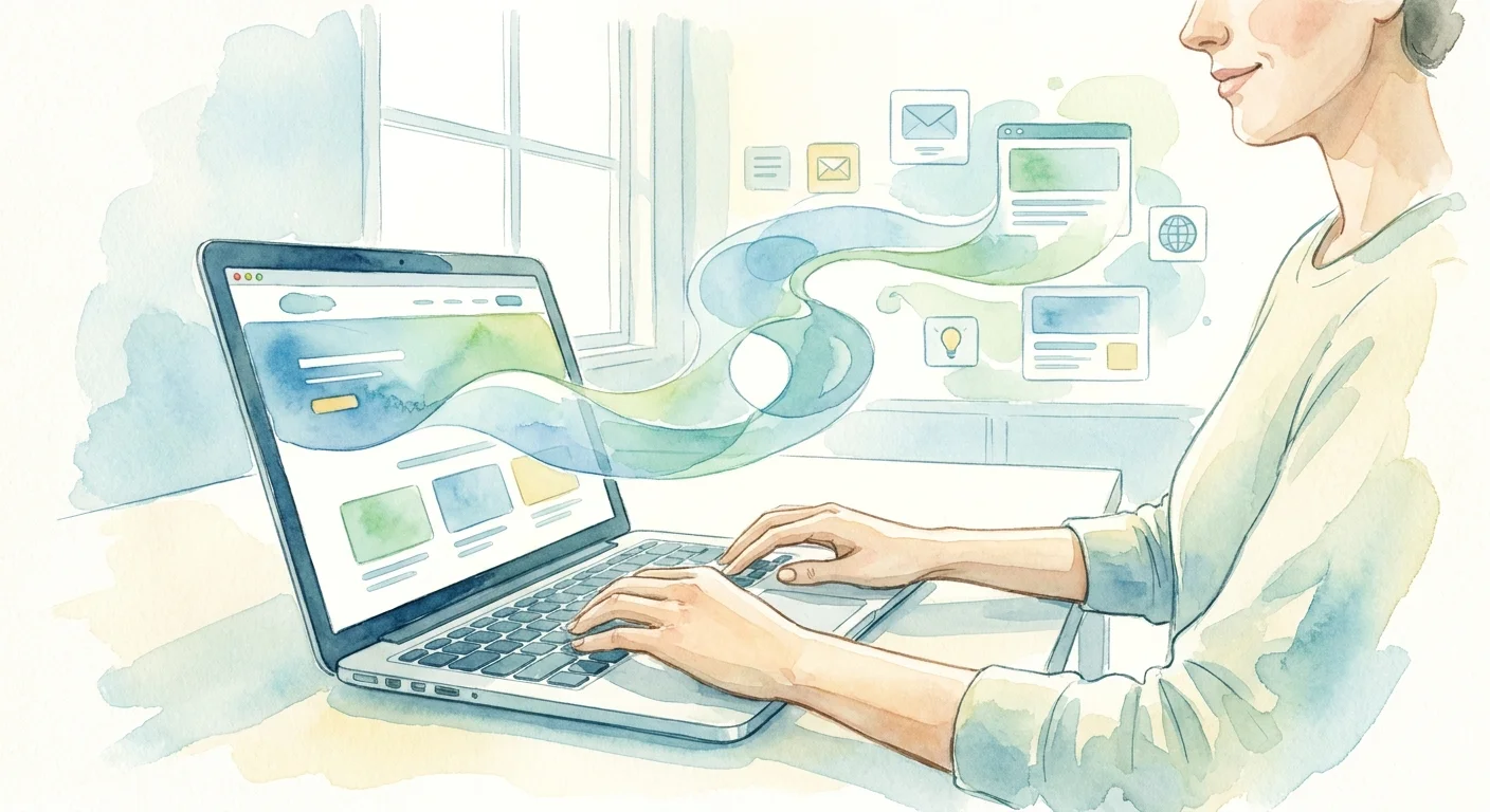 A smooth, uninterrupted user journey on a website displayed on a laptop, emphasizing a fast and clean user experience without pop-ups.