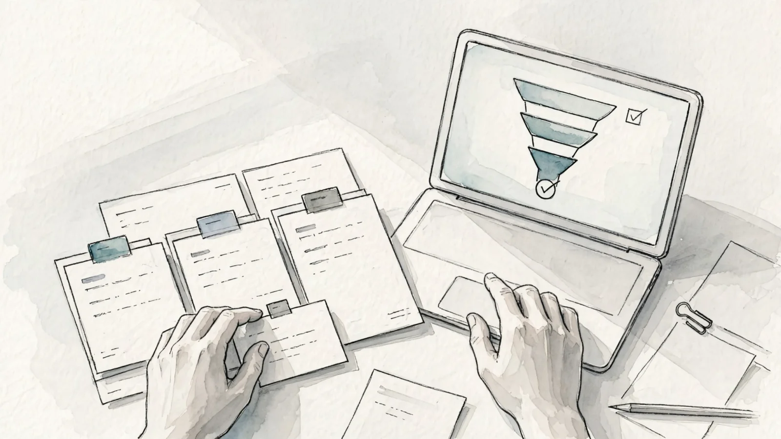 A marketer at a desk organizing tagged newsletter links and a completed-signup goal while checking a simple funnel on a laptop; use generic, unreadable interface details and show no personal data.