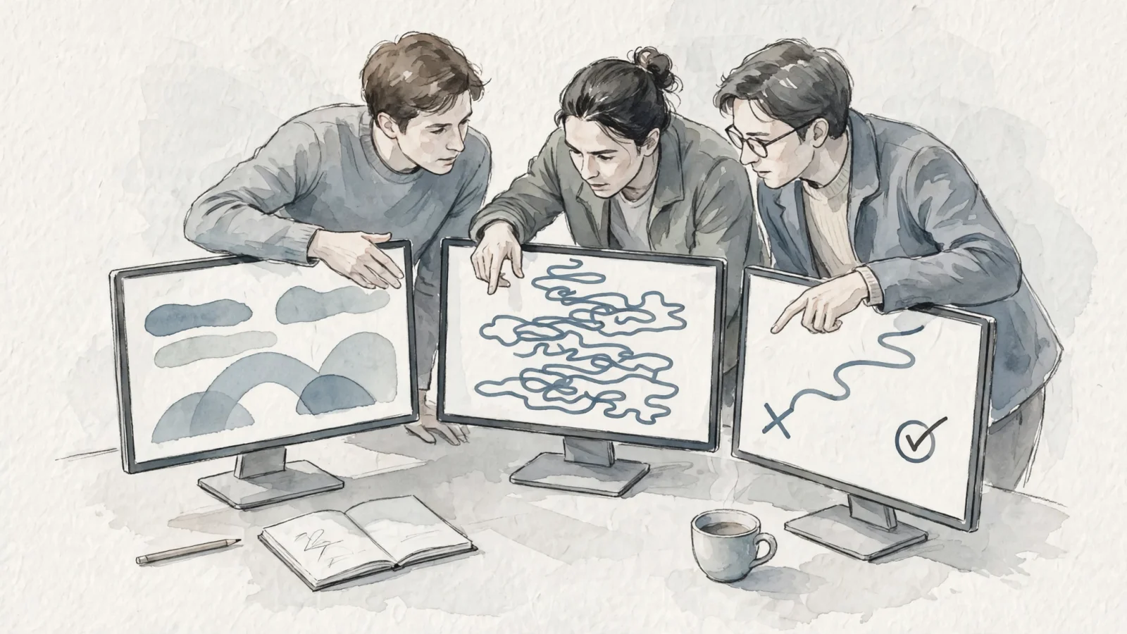 Place after the short answer: an analytics team gathered around three monitors—one simple traffic dashboard, one dense visitor trail, and one error-to-conversion workspace—to make the differing analytics philosophies tangible, with no overlaid text.