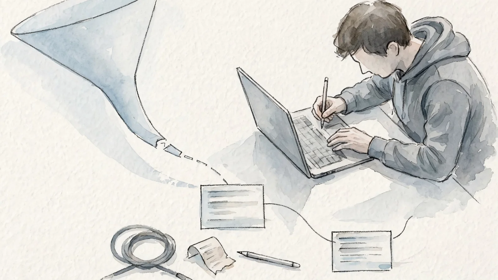 Place beside the funnel and replay discussion: a developer tracing a checkout drop-off from a funnel into a session replay and an error log on a laptop, showing why aggregate data and behavioral context answer different questions, with no overlaid text.