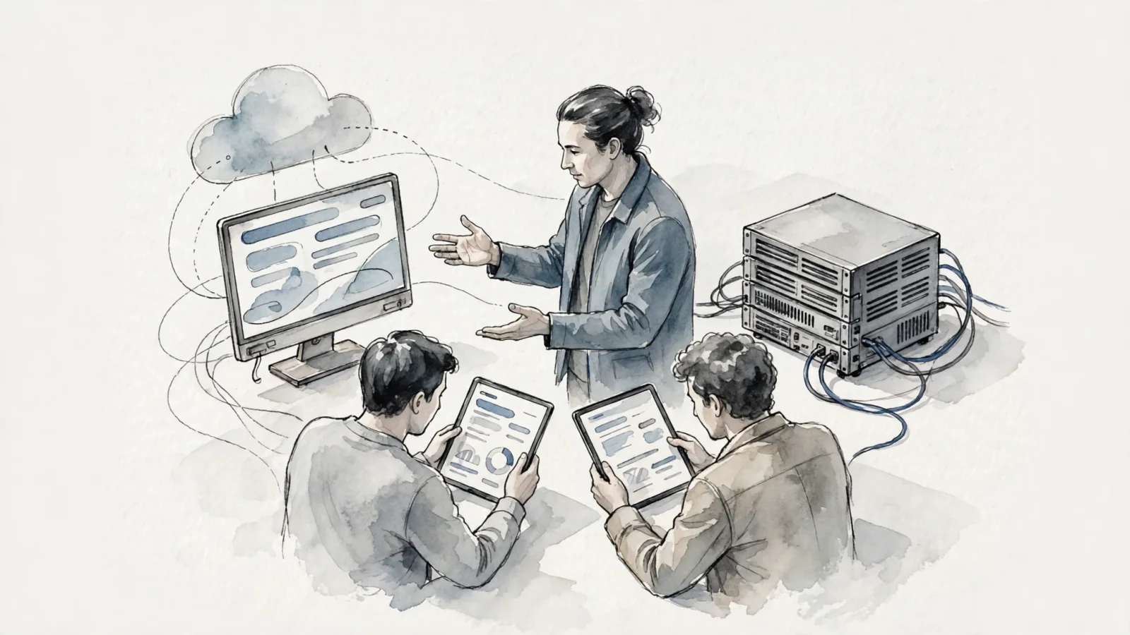 Place beside the self-hosting and pricing section: an agency lead weighing a managed cloud dashboard against a self-hosted server rack while clients view embedded reports, conveying operational and white-label trade-offs, with no overlaid text.