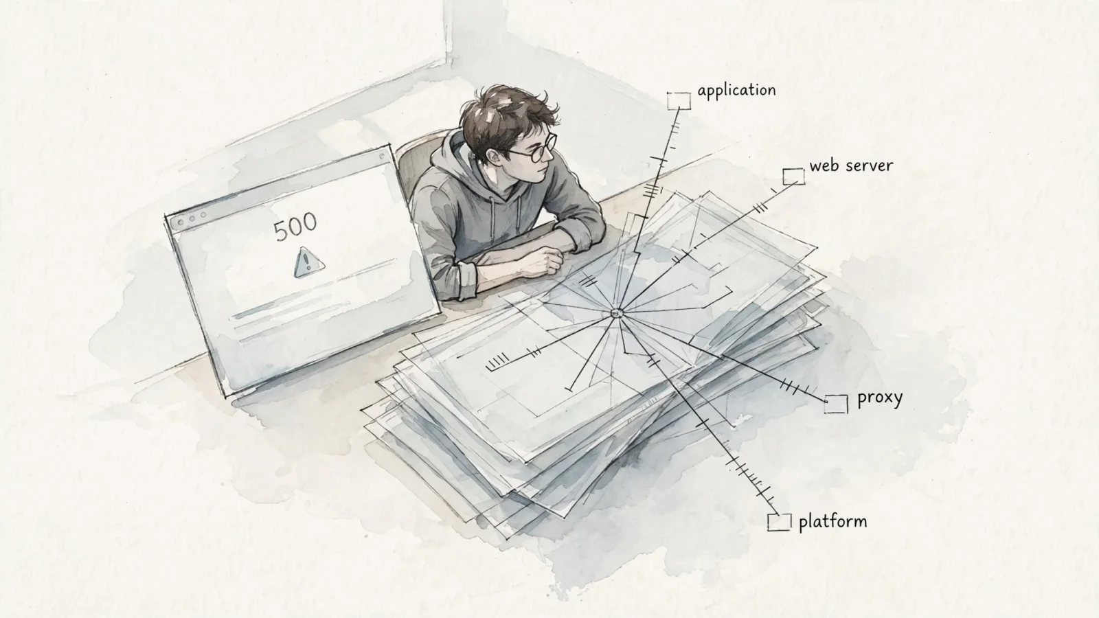 Opening visual: an engineer sees a generic browser error page beside protected server logs containing several possible root causes, showing that a 500 is a symptom rather than a diagnosis; request no text.