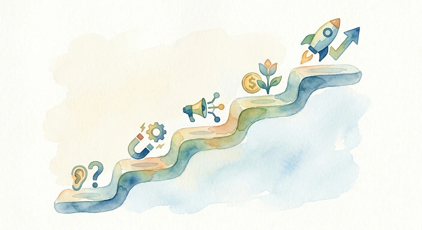 A five-step staircase diagram climbing upward, with each step labeled with abstract icons representing the five stages of startup growth.