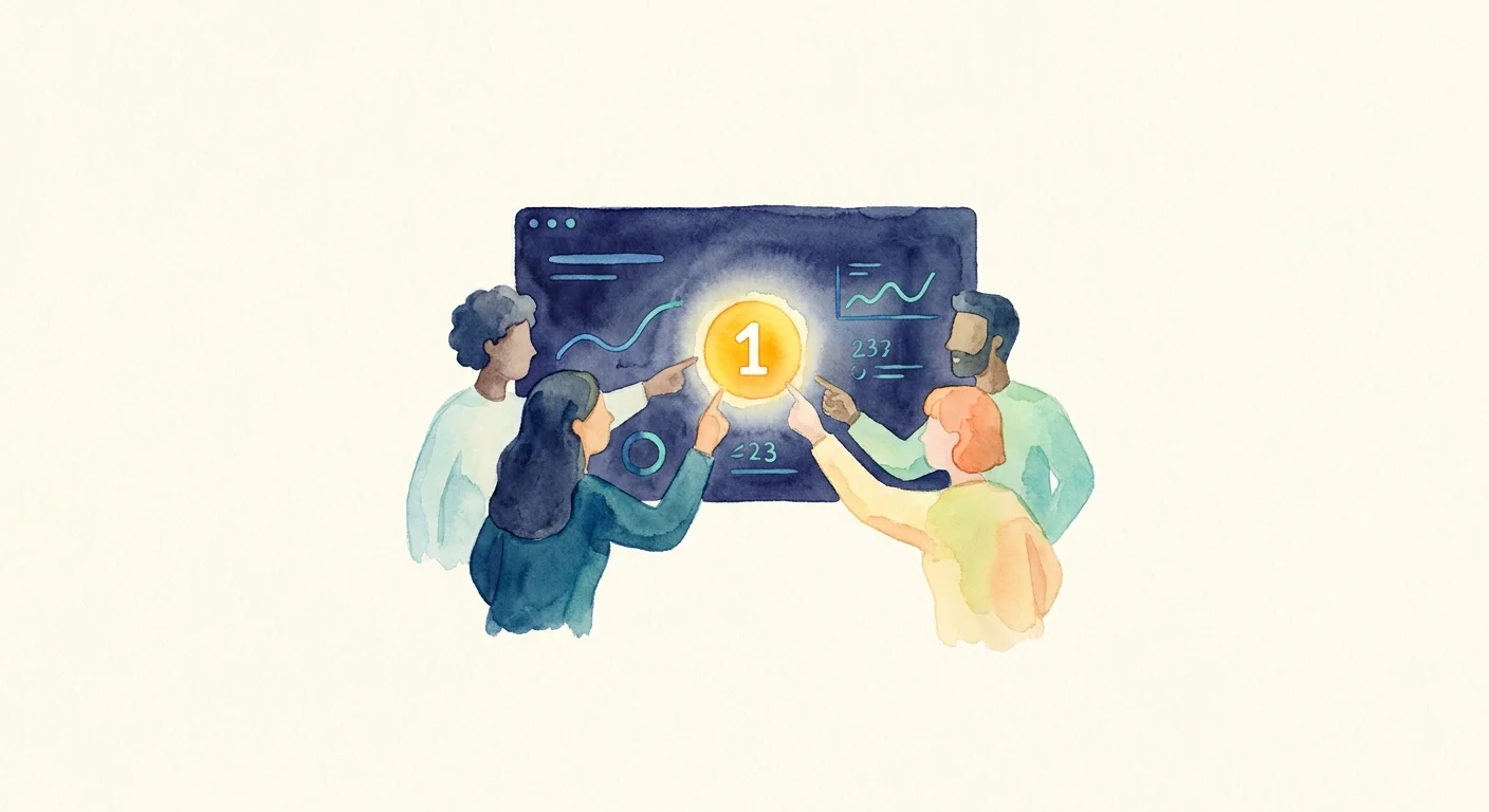 A focused startup team pointing at a single brightly glowing metric on a dark-mode digital dashboard, representing the One Metric That Matters.