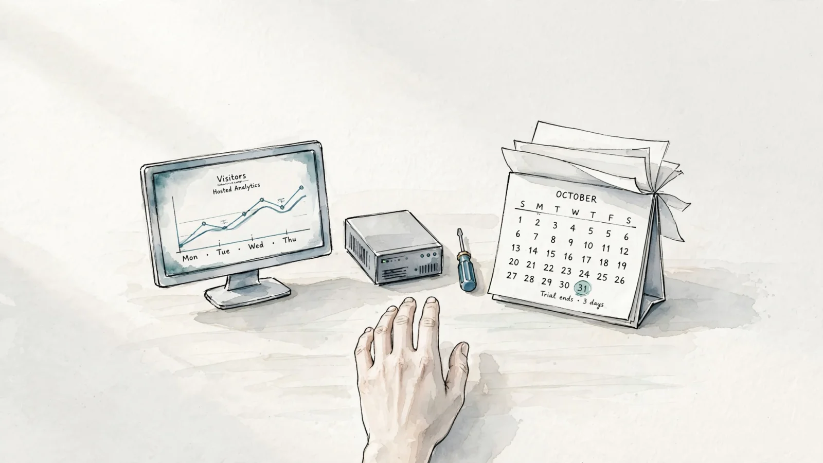 A solo site owner weighs a hosted analytics dashboard, a compact self-hosted server, and a trial countdown at one desk, making the different meanings of “free” tangible.