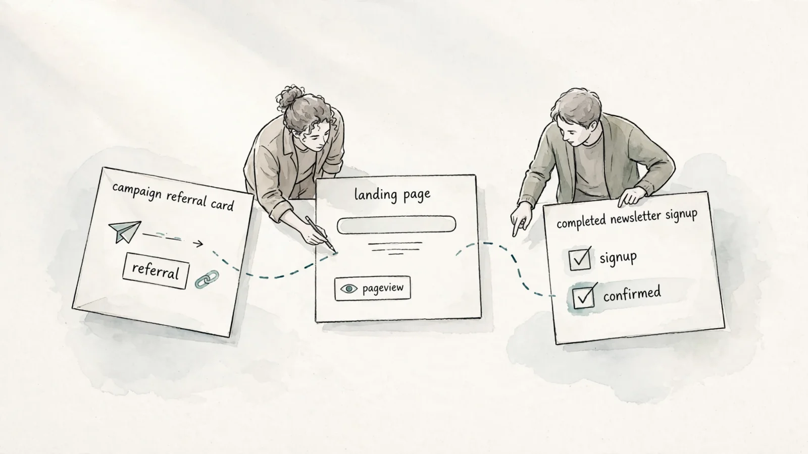 A small marketing team traces a visitor from a campaign referral to a landing page and newsletter signup, showing why conversion events add context beyond pageviews.