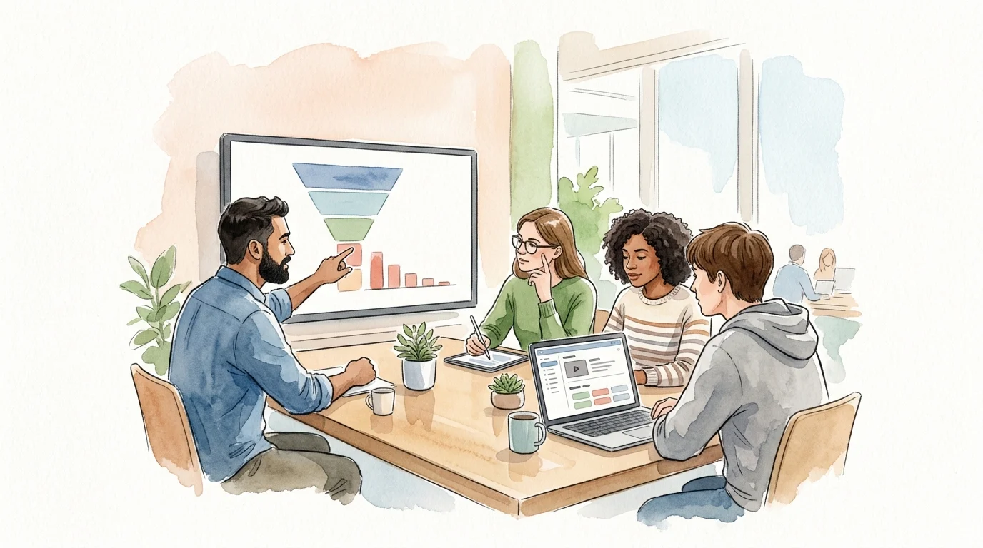 A privacy-conscious product team investigating an onboarding drop-off, with one person studying an aggregate funnel while another checks a masked session replay and an error trace on a laptop; no visible text.