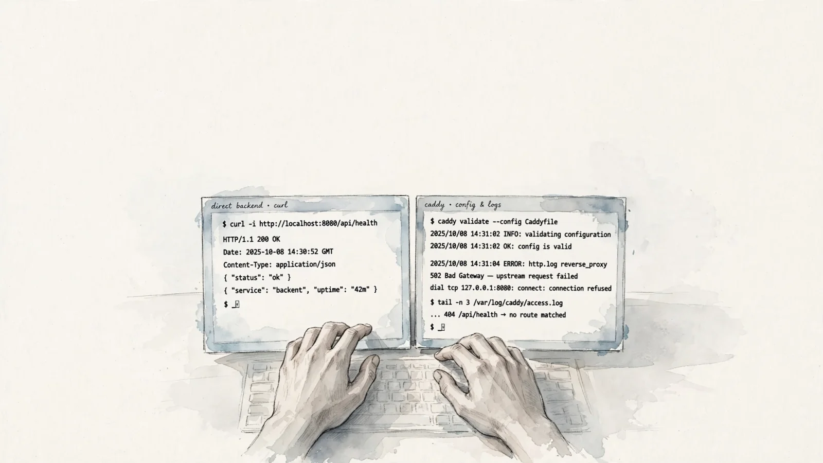 A developer at a terminal compares a direct backend curl response with Caddy validation output and service logs, making the difference between an application failure and a proxy failure visually clear.