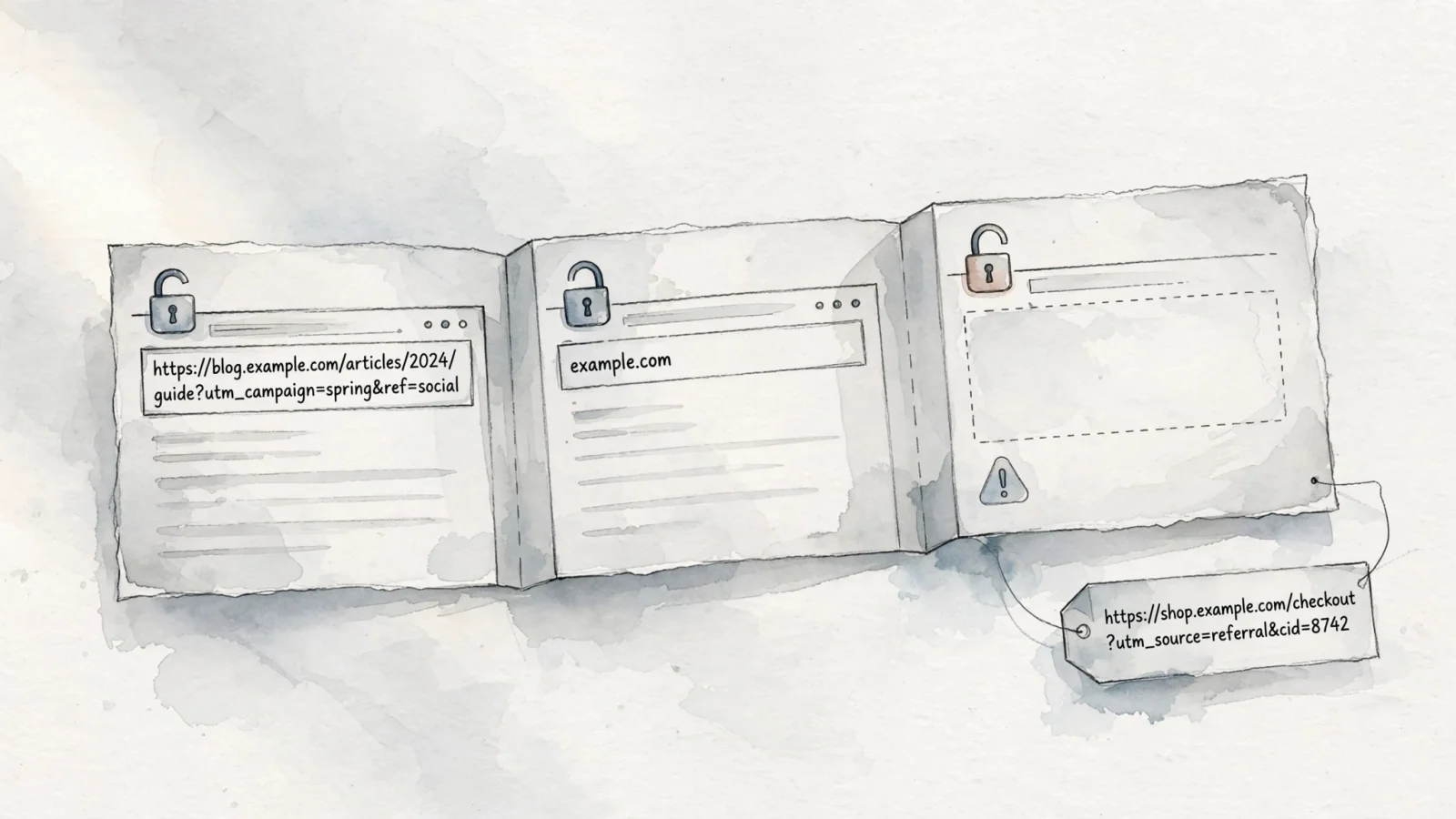 Mechanism illustration: A browser crosses three privacy-policy outcomes—full referring page, domain-only referrer, and no referrer—while a tagged destination URL provides a second signal to analytics.