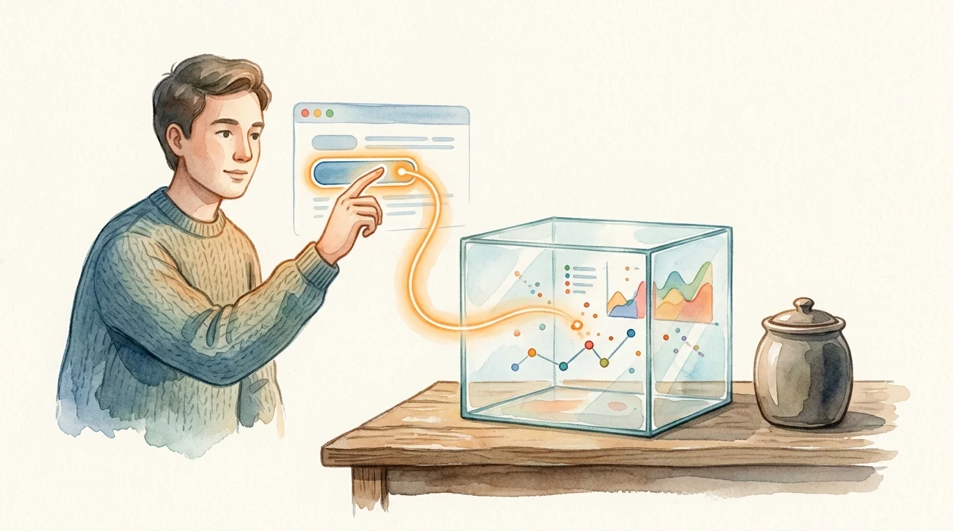 Opening concept: A developer traces a highlighted website link into an open glass analytics box while an unused cookie jar sits aside, conveying inspectability and minimized tracking; request no text.