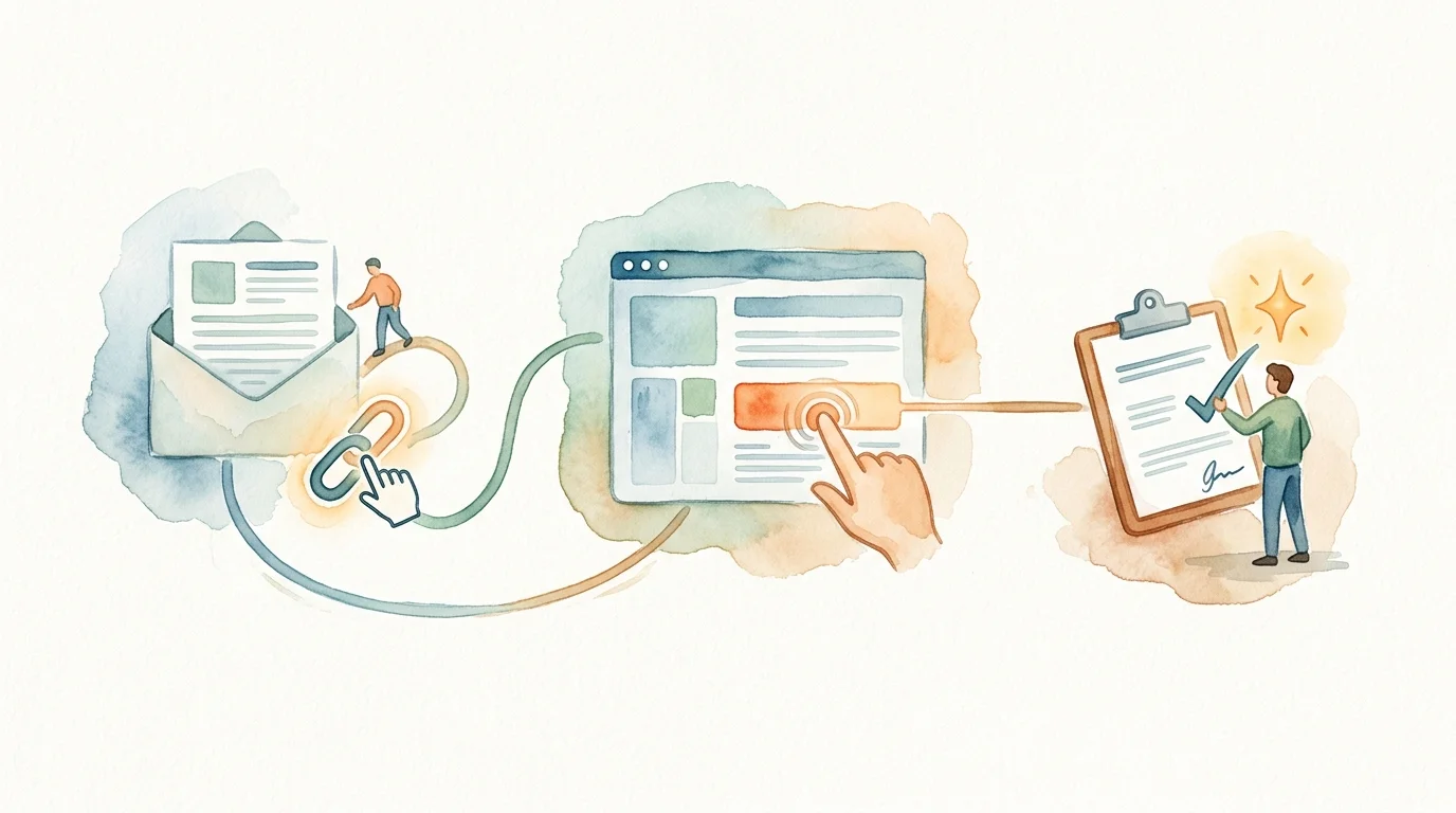 Attribution funnel: A clean editorial flow shows a newsletter URL reaching a landing page, a highlighted CTA click, and a completed signup as distinct connected stages; request no text.