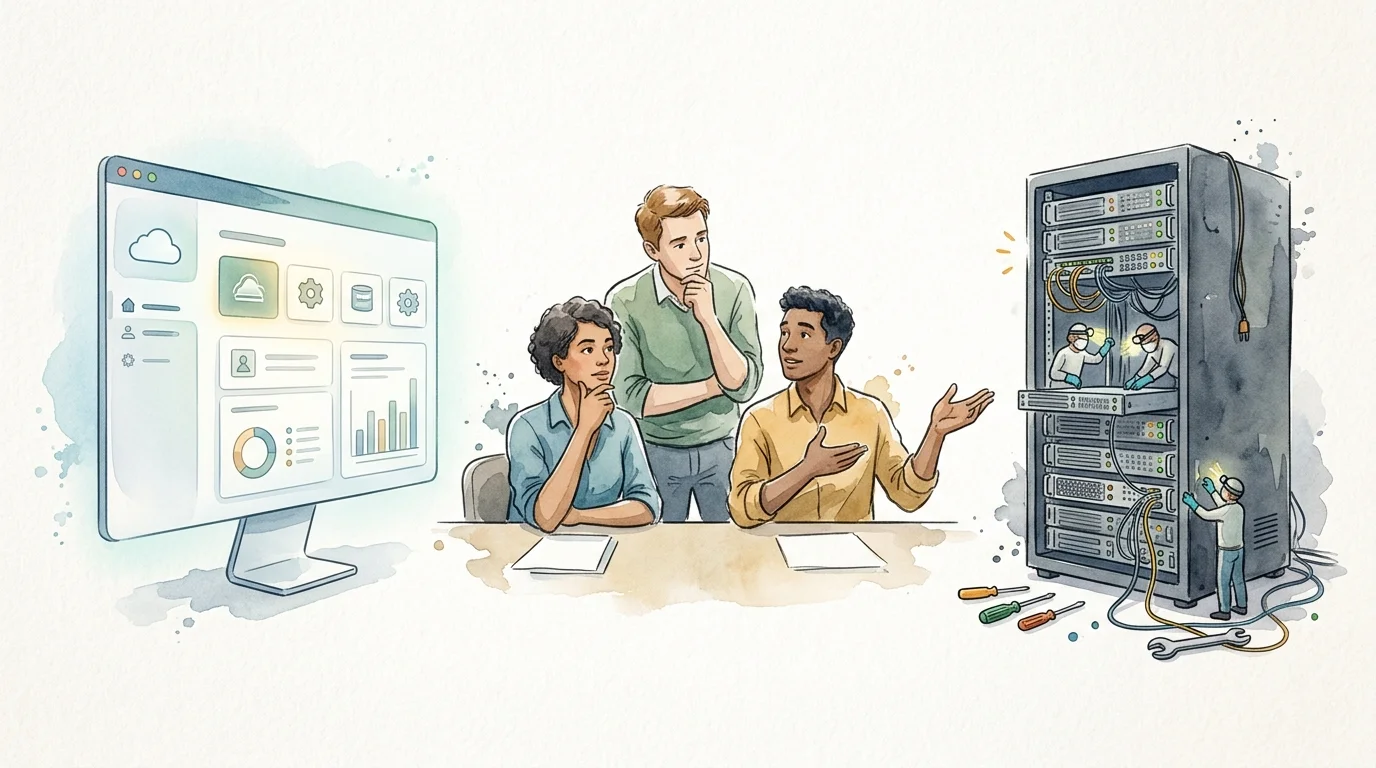 Deployment trade-off: A small product team weighs a managed cloud console against a self-hosted server rack, with visible maintenance tasks on one side and convenience on the other; request no text.