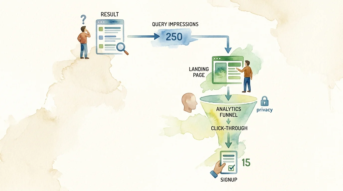 An editorial data-flow illustration showing a searcher moving from a Google result to a landing page, through a privacy-first analytics funnel, and toward a signup, with query impressions visibly separated from post-click events.